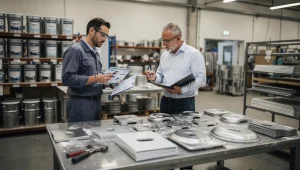 Tecnico e commerciale controllano schede e claim su componenti metallici rivestiti in un'officina industriale