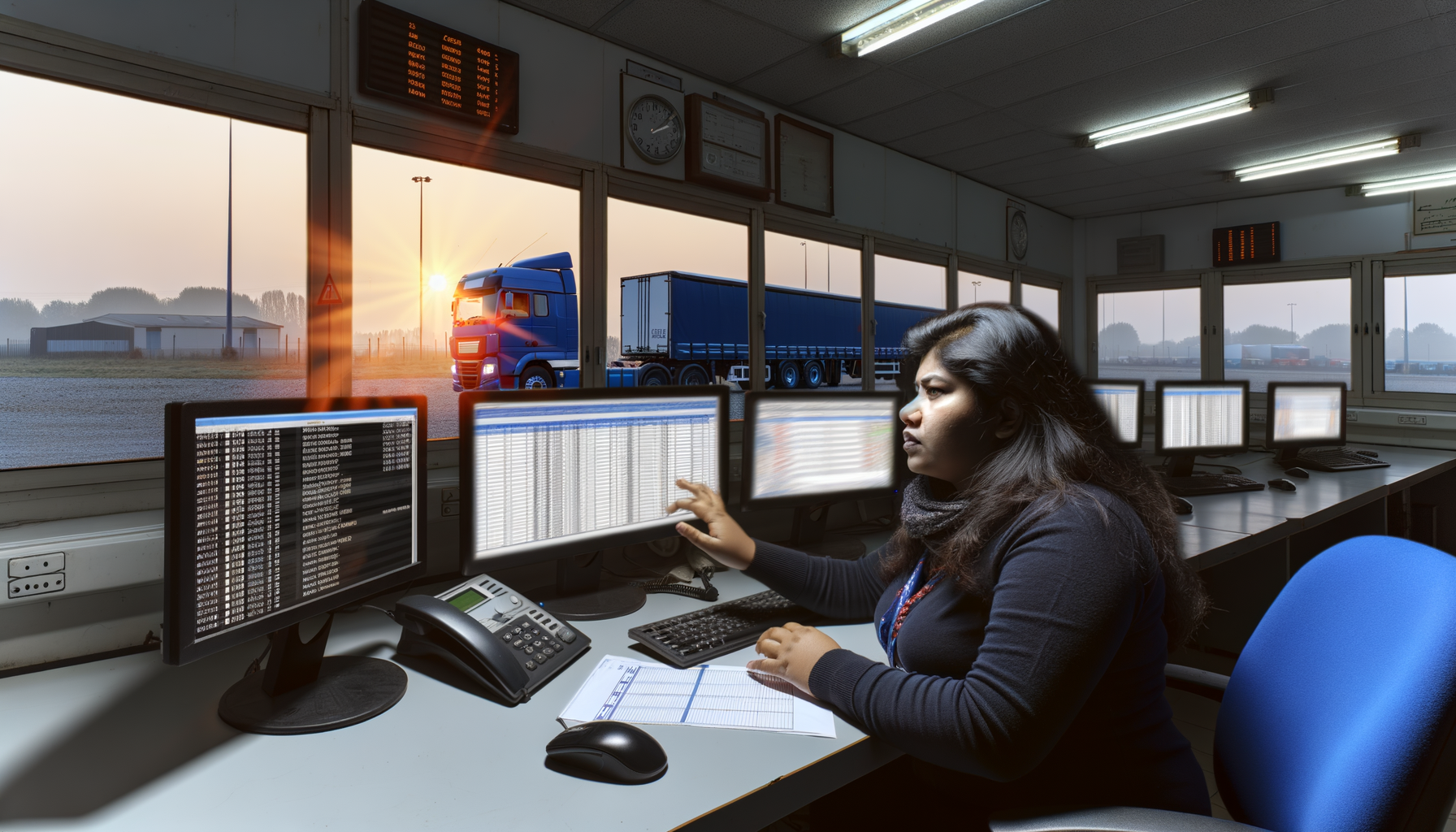Planner di un'azienda di autotrasporto davanti ai monitor mentre assegna i mezzi all'alba