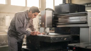 Tecnico in officina davanti a una macchina di misura con base in granito e sistema lineare di controllo dimensionale